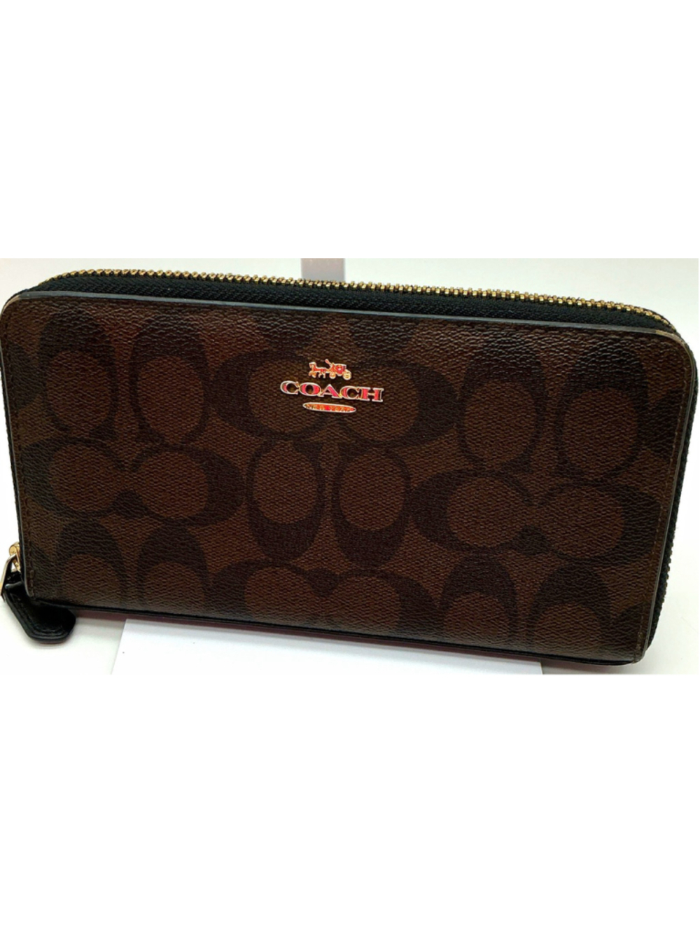 Coach Women’s Brown Leather Logo Pattern Zip-Around Folding Credit Card Wallet